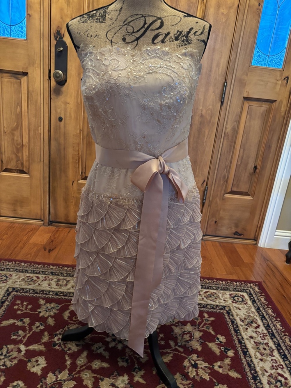 Tadashi Shoji Blush Strapless Scalloped Sequin Party Dress